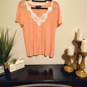 Women's plus size XL 16 soft Pink Shirt with decorative lace neckline